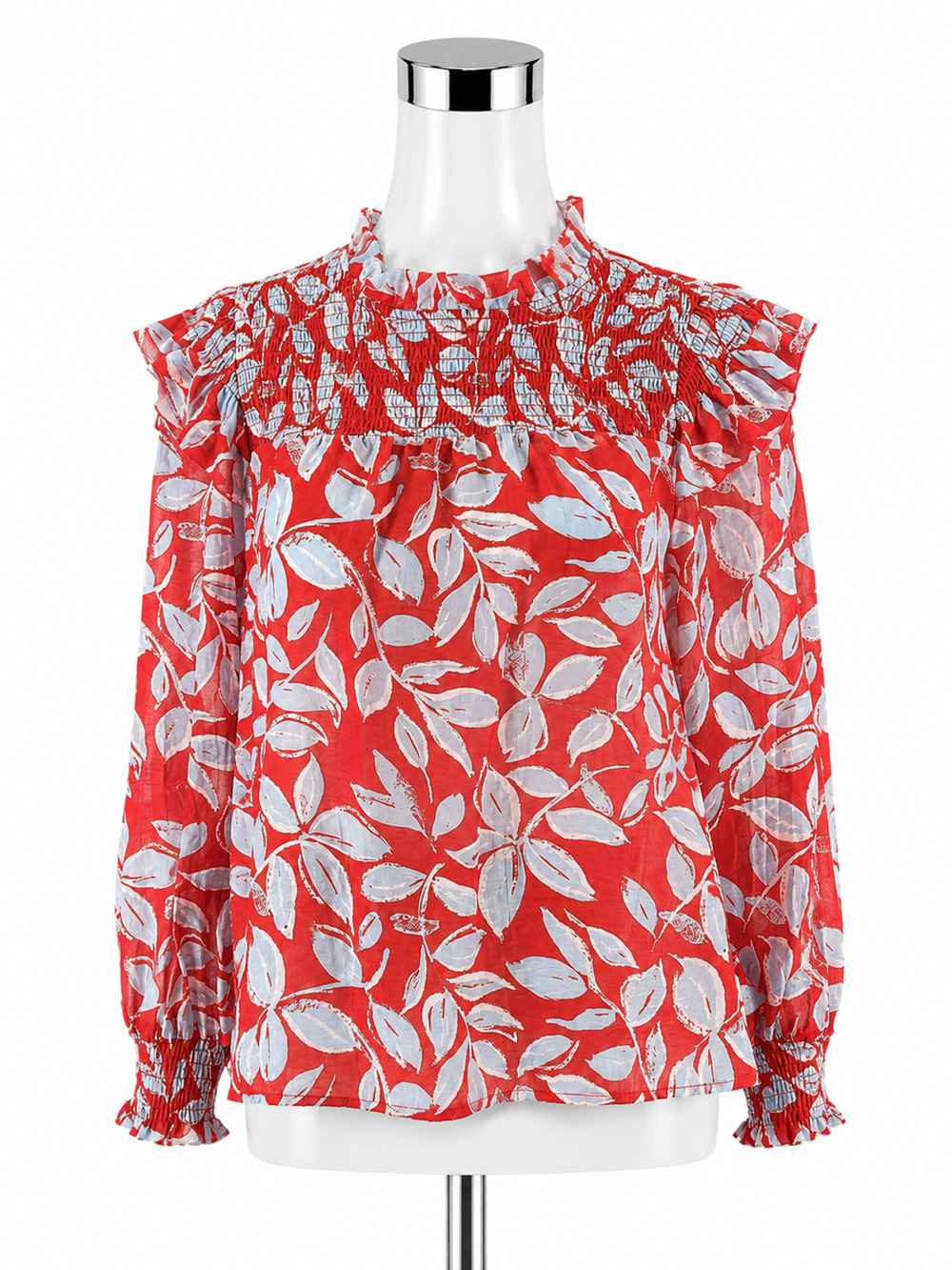 THML Smocked Ruffle Neck Bishop Sleeve Blouse Red Blue Floral Print Size Small